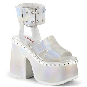 Chunky demonia Sandles/ heels aka camel-102 in white and silver
